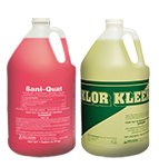An image of two gallon bottles, one each of Sani-Quat and Klor Kleen.